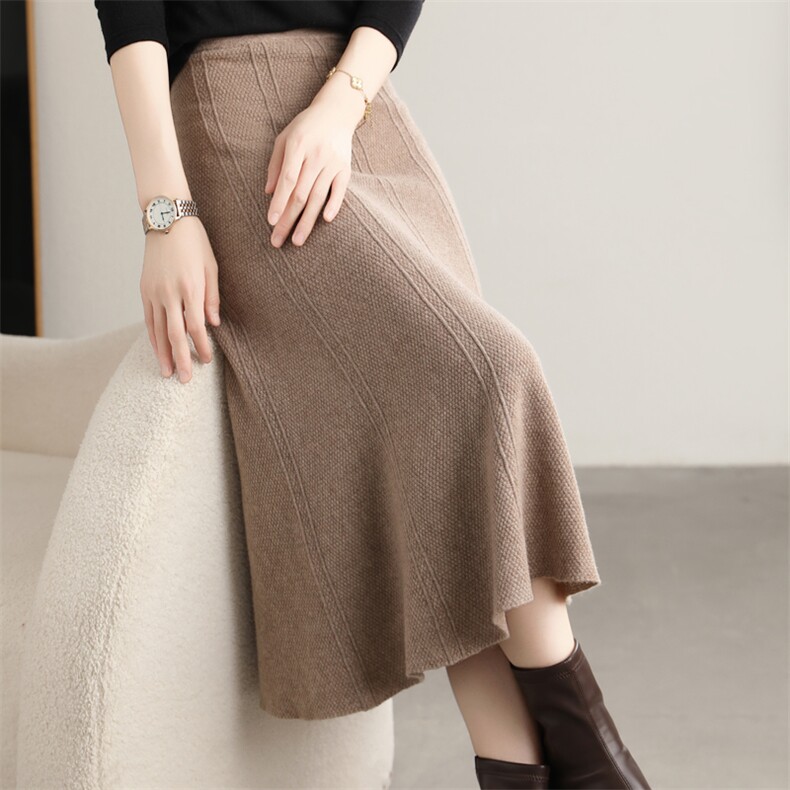 羊毛半身裙女秋冬中长款高腰百褶大摆裙A裙针织伞裙，女装半身裙，唯若美羊绒