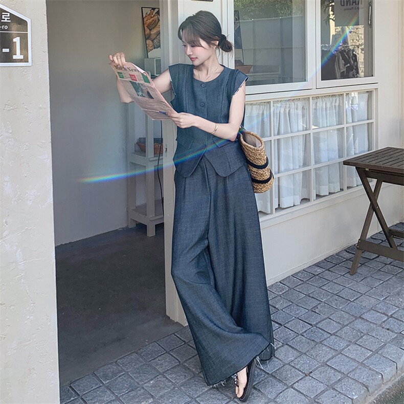 高级感西装马甲阔腿裤套装女2025夏季新款韩版宽松休闲显瘦两件套图片