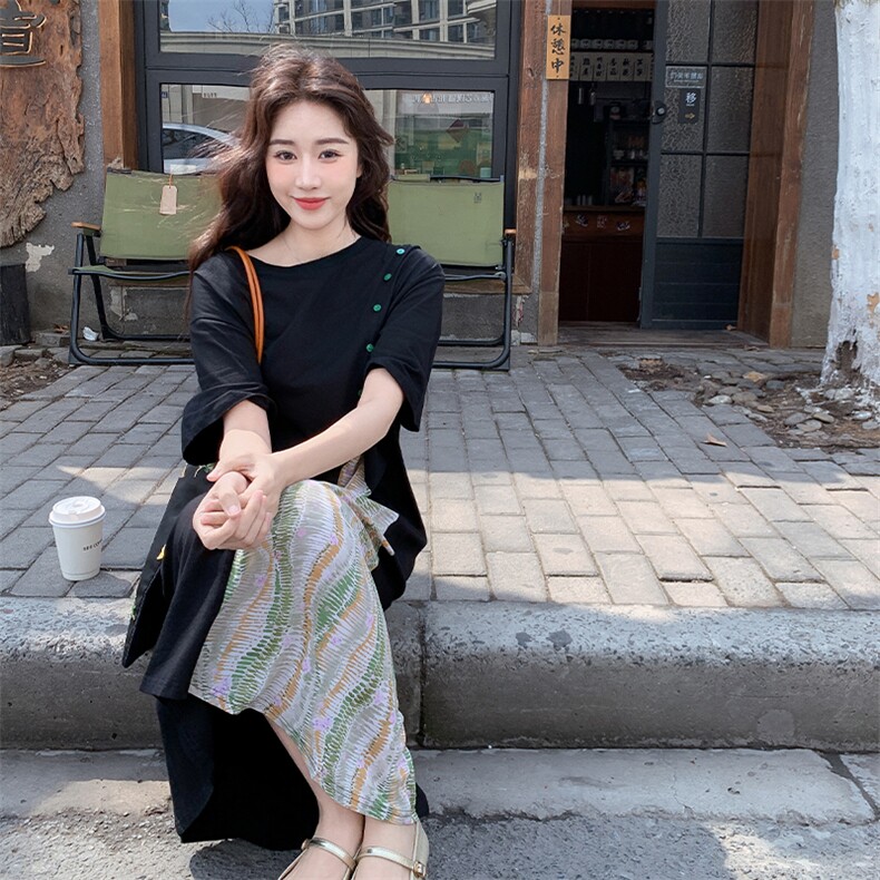 拼接民族风短袖连衣裙女2025夏装新款韩版宽松休闲假两件过膝长裙,女装连衣裙,2C123
