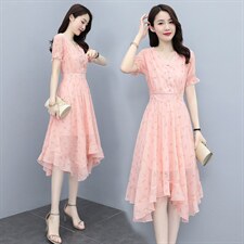 2021夏季新款时尚气质优雅V领不规则裙摆修身显瘦连衣裙，女装连衣裙，多彩