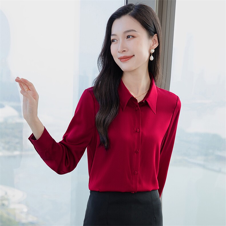重磅高端酒红色真丝衬衫女长袖2026春新款修身妈妈真丝上衣,女装衬衫,阿舍尔精品