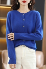 秋季新款针织衫女圆领外搭开衫毛衣长袖外套纯色休闲羊毛衫，女装羊毛衫，斯尔特羊绒