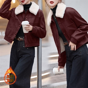 现货海宁f仿真皮皮衣女加绒加厚短款2024冬季新款女士宽松皮外套图片