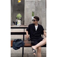 TZ555-P40假两件拼接V领短袖衬衫休闲套装老钱风穿搭垂感五分短裤，男装牛仔裤，星座1811B