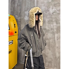 现货重磅boxy短款棉衣座山雕大毛毛领男女棉服水洗工装厚外套，男装棉衣，电商A486-1