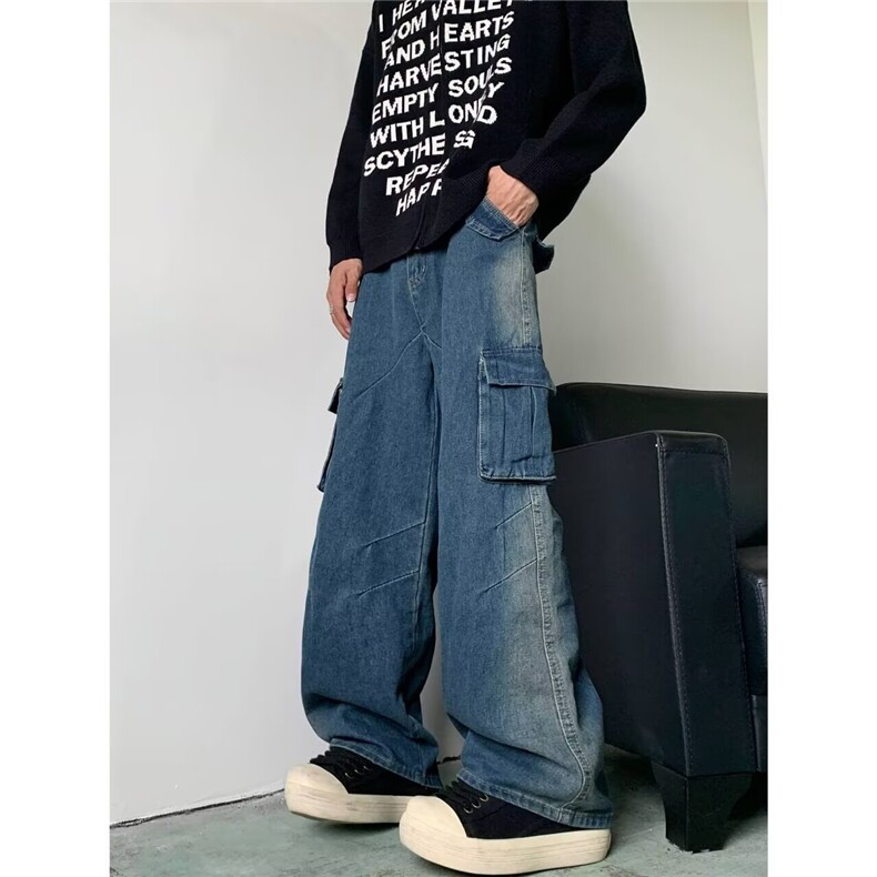 工装牛仔裤男女韩版潮流高街百搭口袋2024秋冬ins长裤RK2195-P55,男装牛仔裤,星座412-2
