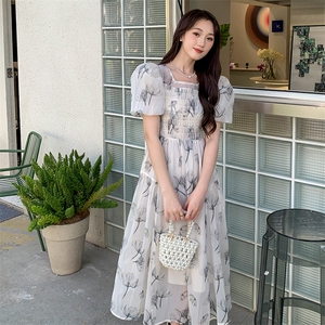 《现货新品》法式轻熟风泡泡袖水墨花连衣裙图片