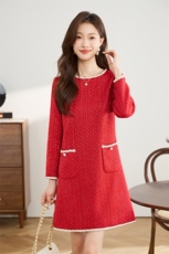 小香风连衣裙女中长款2025年春秋新款香莘料气质显瘦花边减龄裙子，女装连衣裙，香莘料