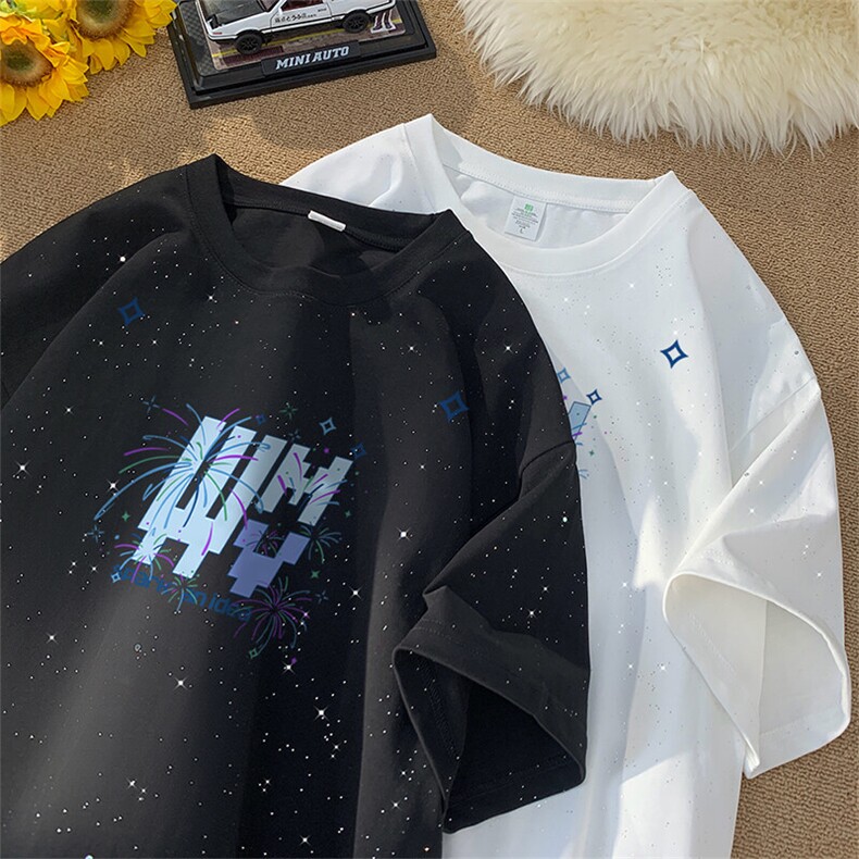 可48小时发货支持抖音得物来样二开美式满天星亮片短袖T恤MTX655,男装T恤,电商A486-1