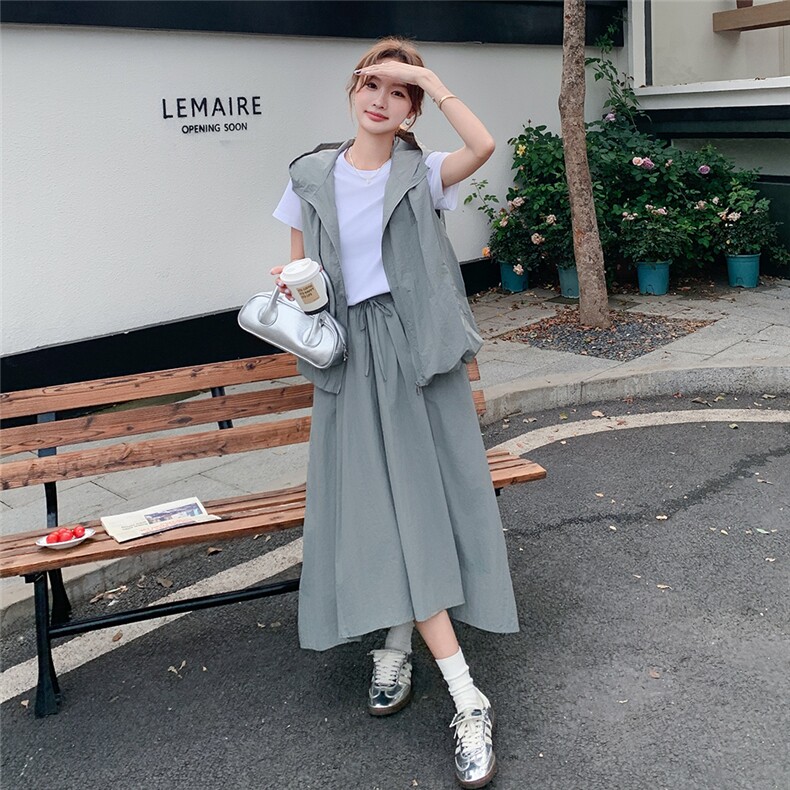 韩版休闲三件套装女夏季2025新款时尚连帽马甲不规则半身裙套装裙，女装套装/套裙，辉之琳