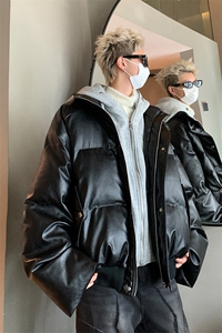 405A  美式高街个性连帽设计假两件pu皮棉服   MY24920-P158控188图片