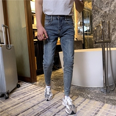 B230-做旧水洗浅蓝色修身小脚弹力铅笔裤，男装休闲裤，电商B230