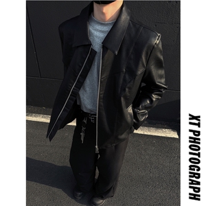 老钱风正肩PU皮衣外套男春季短款机车皮夹克美式潮牌2026新款P108，男装夹克，电商C306-1