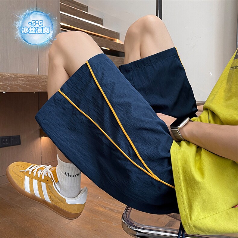 织带冰丝短裤男夏季薄款小众质感潮流美式运动中裤宽松休闲五分裤，男装休闲裤，电商A001-1