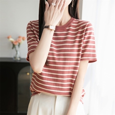 条纹圆领纯棉针织短袖T恤女2025夏宽松背心半袖百搭小衫打底上衣，女装T恤，秋双羊绒