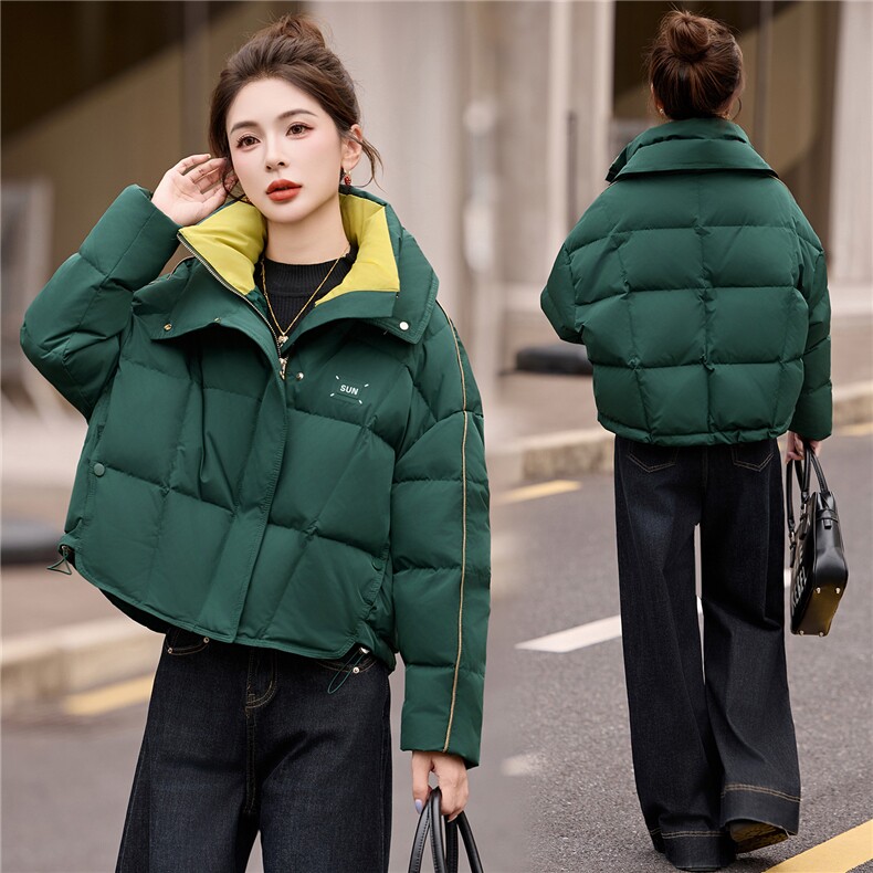 时尚撞色双层领短款羽绒服女2025冬季加厚保暖90白鸭绒面包服外套,女装羽绒服,艾尚靓装