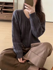 复古麻花纹宽松显瘦针织衫百搭圆领长袖毛衣时尚气质女装，女装针织衫/毛衣，半城羊绒