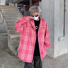 美式街头连帽格子长袖男女衬衫宽松百搭情侣外套潮CS01378-P43，男装衬衫，星座308B-1