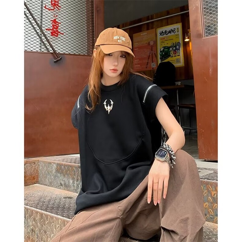 美式高街T恤男女无袖百搭夏季痞子帅气2024新款ins体恤ST396-P46,男装T恤,星座412-3