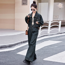 (现货）牛仔复古色2026新款春秋时尚减龄阔腿裤洋气质欧货两件套，女装套装/套裙，印象茜