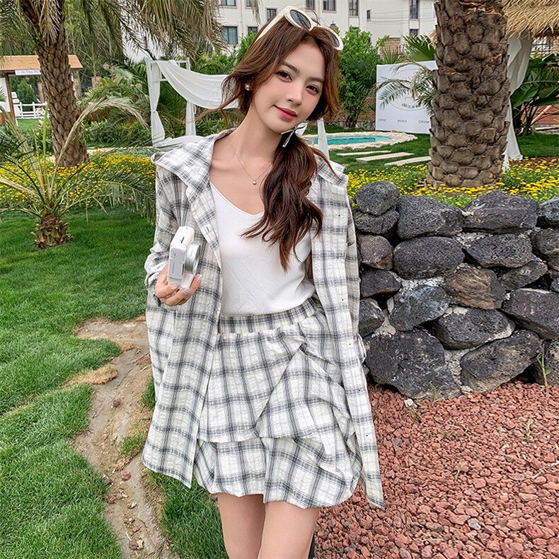 韩系休闲格子衬衫套装裙女2025年夏季新款小个子显瘦半身裙两件套,女装套装/套裙,浙宝276（原081）