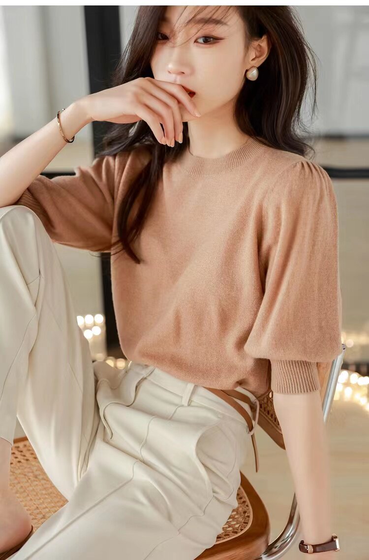 春秋针织短袖t恤上衣女2025新款女套头百搭,针织衫/毛衣,圣旺供货