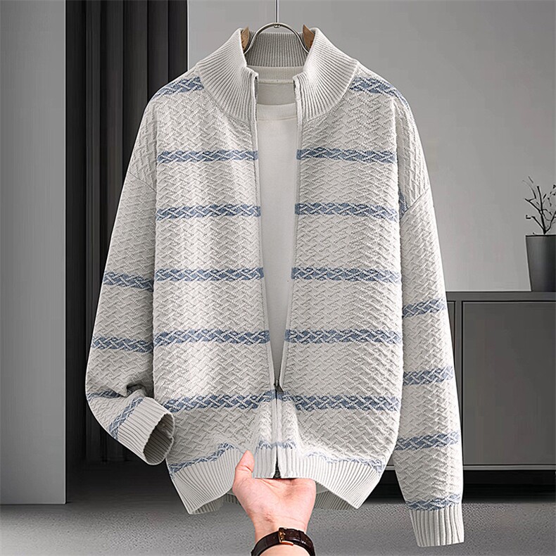 25852-特P70秋季时尚立领毛衣开衫男针织衫条纹简约开衫外套，男装针织衫/毛衣，电商D310B
