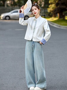 流苏盘扣新中式国风外套女2025春秋新款提花撞色拼接短款唐装上衣图片