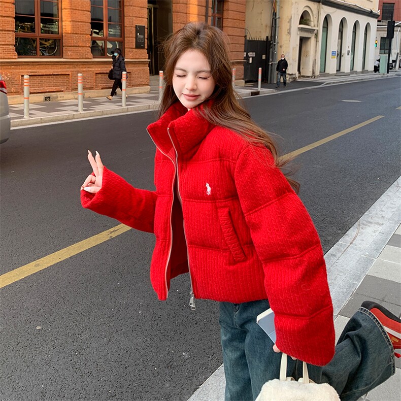 红色麻花针织立领羽绒服女冬超火好看高级小众休闲保暖加厚短外套,女装羽绒服,2D034