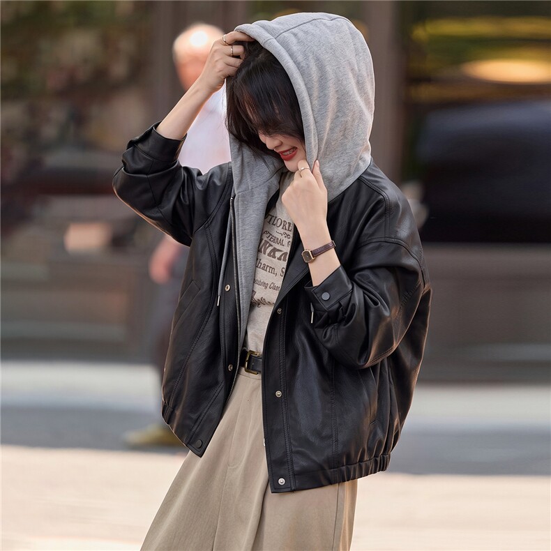 B款现货】秋季复古连帽短款皮衣女宽松百搭休闲小个子外套女2661,女装皮衣,潮流依族
