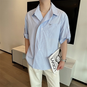 夏季新款韩版条纹衬衫男五分袖潮牌网红翻领宽松短袖衬衣CS636P68图片