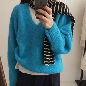 韩版基础百搭V领宽松显瘦毛衣女套头2025秋冬新款慵懒风针织上衣图片