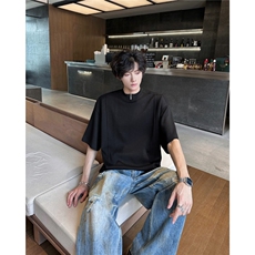 夏季新款cleanfit短袖设计感小众男白色半拉链圆领T恤休闲五分袖，男装T恤，星座1013