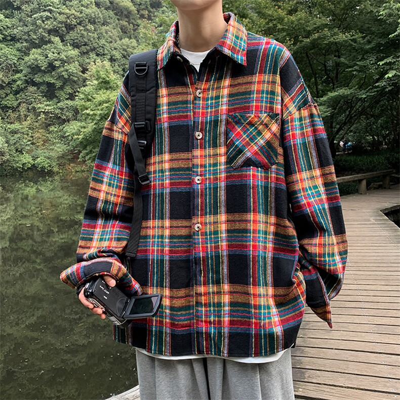 港风秋款男长袖衬衫格子条纹休闲纯棉外套CS127P40,男装衬衫,星座1013-1