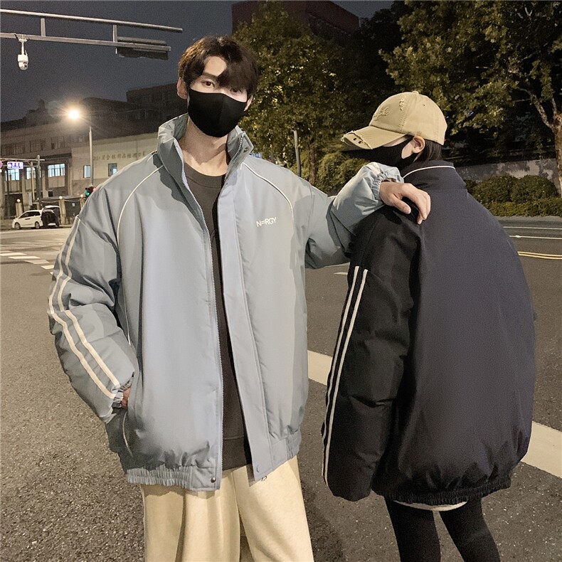 情侣装冬装 港风条纹织带棉服 棉衣休闲加厚外套男女 G1107 P118图片