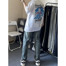 抖音得物210克现货宽松纯棉美式潮牌印花落肩袖纯棉T恤AT21117，男装T恤，电商A443