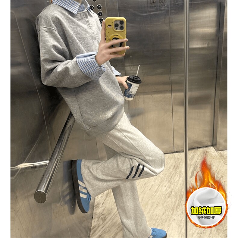 重磅加绒硬挺boxy男女美式高街假两件衬衫领长袖卫衣POLO领打底衫图片