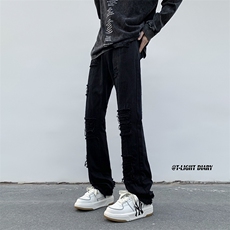 B221美式ins高街小众假破洞修身微喇牛仔裤LK22065-P65控88，男装牛仔裤，电商B221