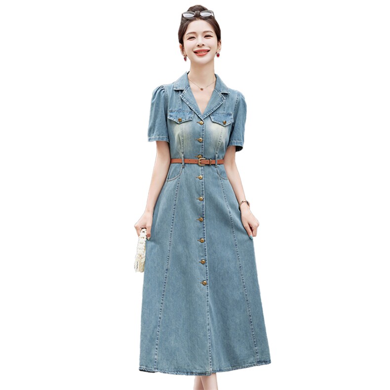 （新款现货）2026年夏季牛仔连衣裙女修身气质长裙休闲复古过膝潮,女装连衣裙,印象茜