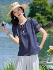 花边袖休闲宽松小衫女2026夏季新款遮肉显瘦短袖衬衫薄款上衣，女装衬衫，余墨