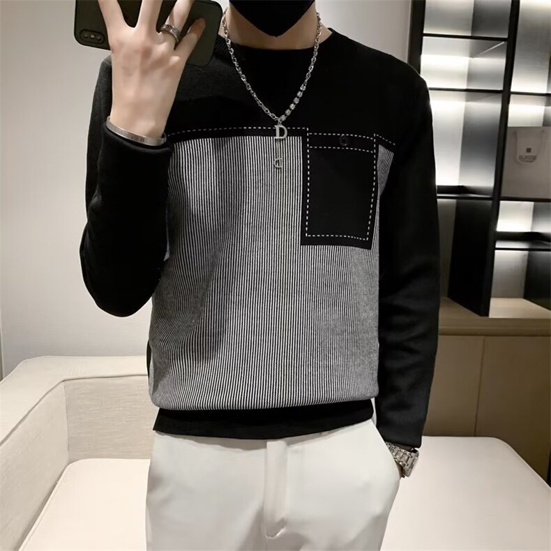 秋冬男士毛衣针织衫打底衫线衣修身套头潮流圆领拼色时尚T恤 S513图片