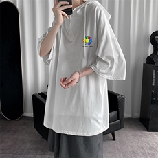 LD54101-P45连帽短袖t恤男大码胖子带帽五分袖中袖，男装T恤，电商A040