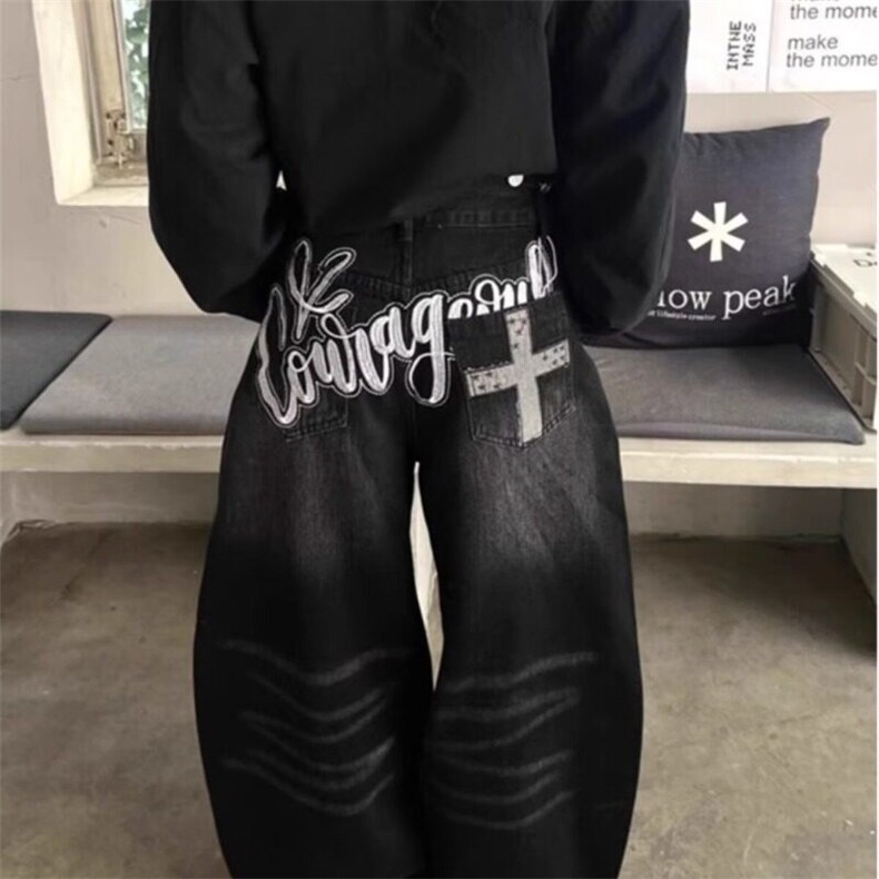 美式复古黑色弯刀牛仔裤男女款高街设计感宽松显瘦垂感阔腿裤子图片