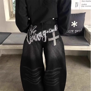 美式复古黑色弯刀牛仔裤男女款高街设计感宽松显瘦垂感阔腿裤子图片