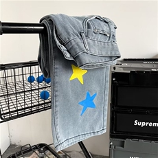 美式潮街头星星牛仔裤男女hiphop宽松休闲百搭直筒裤子，男装牛仔裤，星座601-2