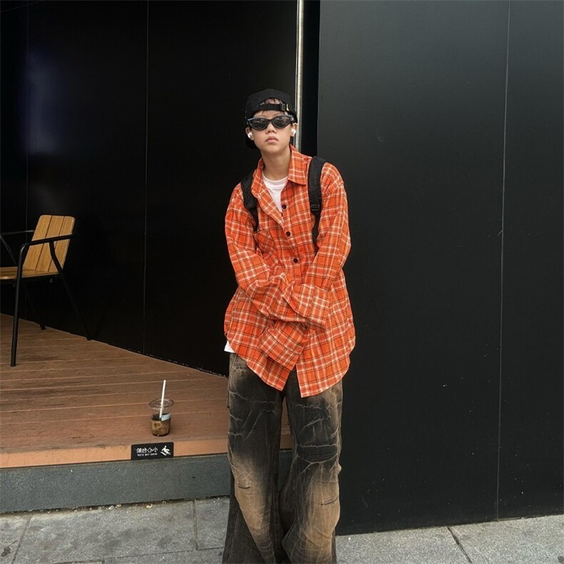 复古橙色格子衬衫男女高cleanfit外套潮牌街头衬衣网图CS234-P35,男装衬衫,星座1001-1