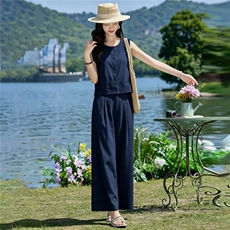 2026夏新款亚麻蕾丝花边拼接马甲阔腿裤套装，女装套装/套裙，瑶迪依秀