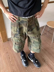 DK24-特P60百搭潮流慵懒破坏石磨水洗做旧迷彩七分裤，男装牛仔裤，电商B327