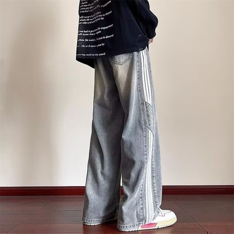 网络图现货拼接牛仔裤男直筒宽松阔腿裤子拖地长裤新款R8650-P50,男装牛仔裤,星座1005-4