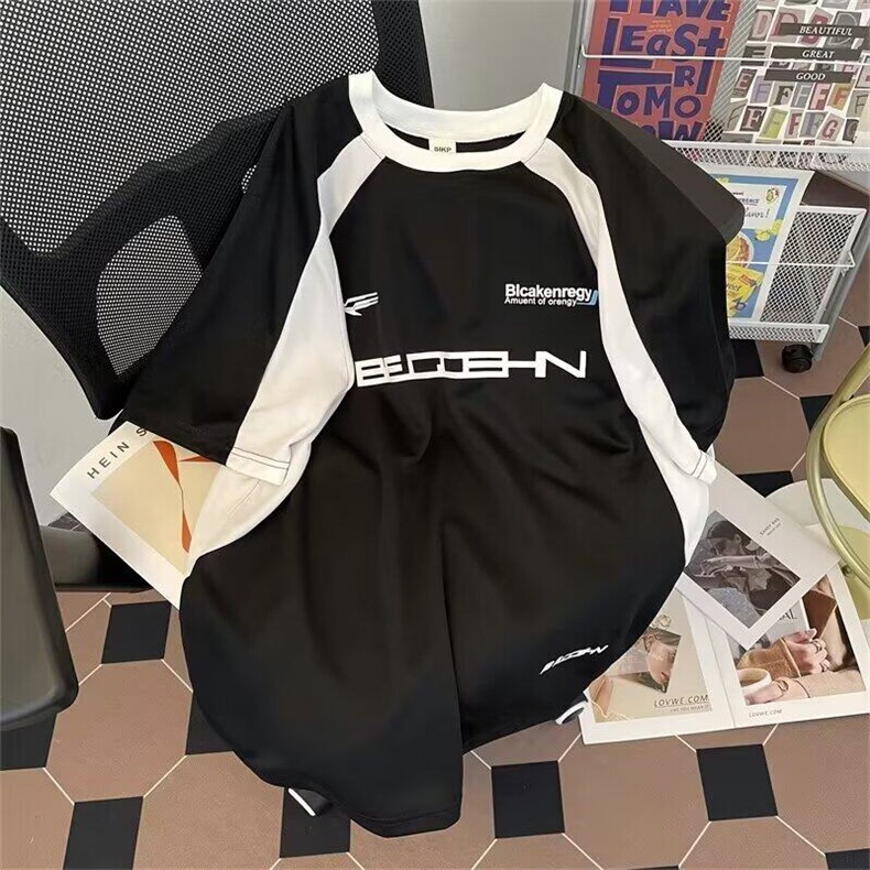 夏季运动短袖拼色设计感青少年t恤男女重磅宽松美式休闲半袖,男装T恤,星座1013
